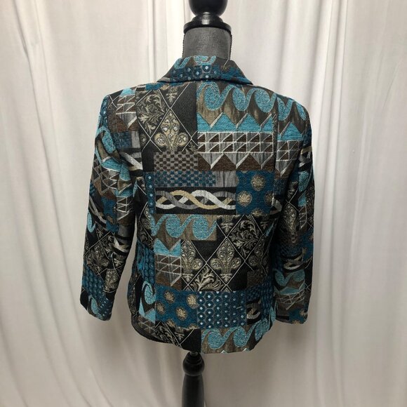 Dressbarn Jacket Womens Medium Brown Teal Patchwork Tapestry Design Blazer READ - Picture 4 of 9